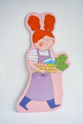 Grand décor mural de Zoé, la grande sœur, la responsable du bon déroulement des recettes de gâteaux de la deuxième BD - à suspendre aux murs de l'exposition.
