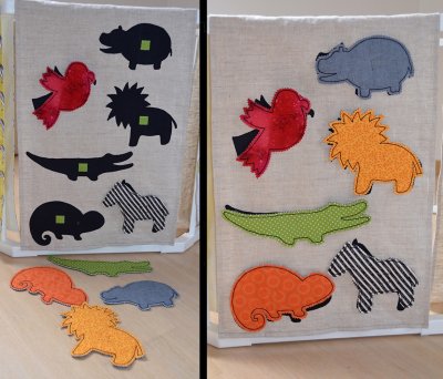 Panneau " silhouettes d'animaux" et leurs 6 animaux correspondants, pour apprendre à distinguer les formes et les replacer en bonne position grâce à leur système velcro.