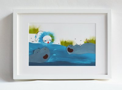 "Au bord de l'eau" - Technique mixte : Gouache, collages de papiers découpés et feutre.
