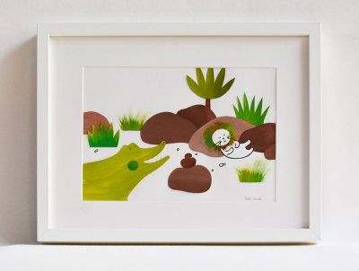 "Dans les herbes" -  Encadrement avec baguette en bois peinte de couleur blanche, passe-partout blanc biseauté, verre.
