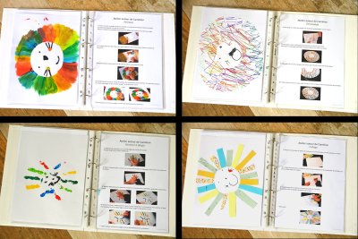 4 propositions d'atelier autour du personnage de Camélion : Peinture, collage, peinture à doigts et découpage - Exemples de réalisation et explications fournis.