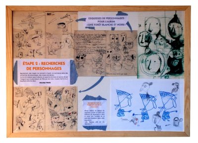 Présentation des travaux préparatoires de l'auteur-illustrateur Christian Voltz en 14 Panneaux encadrés - Étape 2 : Recherches de personnages