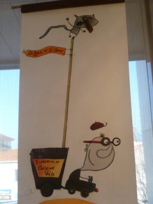 Bannière d'entrée d'exposition réalisée à la peinture par les étudiants illustrateurs-plasticiens de l'École Émile Cohl (69) à la manière de l'artiste
