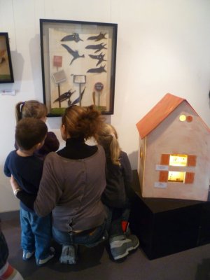 Petite maison en carton éclairée de l'intérieur permettant de présenter le travail du photographe Jean-Louis Hess à partir du travail de C. Voltz