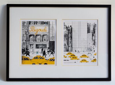 Tirages des illustrations "Couverture" et "Taxis jaunes" présentées sous cadre - Album "Bigoudi" - Éditions Les fourmis rouges.