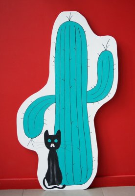 Panneau décor du cactus et du chat. Grand format à suspendre à un mur