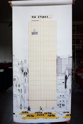Bannière d'entrée d'exposition - Dimension: 2m (h)x 1m (l) - Extrait de l'album "Bigoudi" de l'illustrateur Sébastien Mourrain - Éditions Les fourmis rouges.