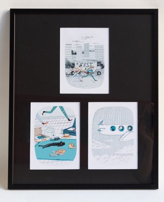 Des maîtres toujours pressés de voyager. Tirages des illustrations "Fast", "Préparation voyage" et "Avion" mises sous cadre.