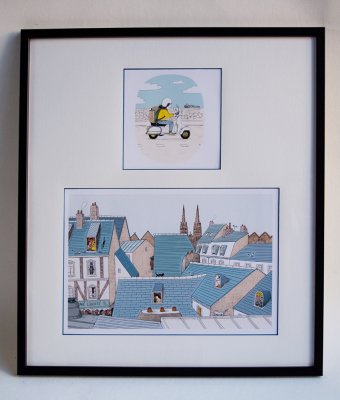 Tirages des illustrations "Moto" et "Toits bretons" mises sous cadre.