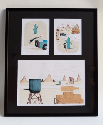 Rencontre entre le chat et le cactus. Tirages des illustrations "Le chat saute", "Adieu" et "Une amitié naît"