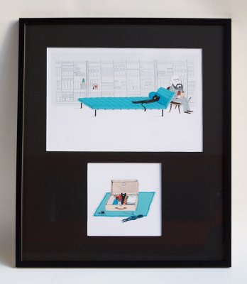 Un chat malheureux. Tirages des illustrations "Le psychologue" et "Coincé dans la valise".