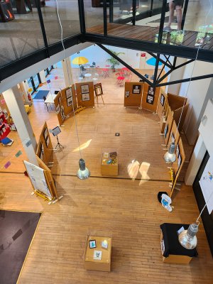 Vue plongeante de l'exposition à la Médiathèque de Mâcon juillet 2025