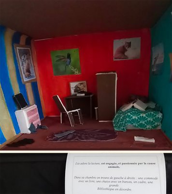Maquette repr&eacute;sentant l'ambiance imagin&eacute;e par une adolescente : d&eacute;sordonn&eacute;e mais qui d&eacute;fend la cause animale.