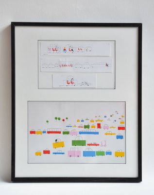 Les deux dessins finis au trait et à la couleur, constituant le Pop-up "Embouteillage" - Présentation sous cadre en bois noir et plexiglass.