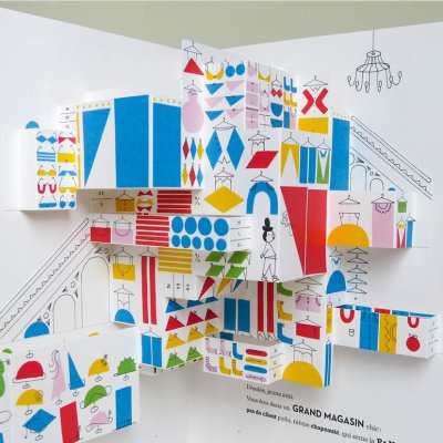 "Le grand magasin" - Planche Pop-up de l'album complètement déployée et sous son format d'impression - Editions Hélium. Mais pour en arriver là, que de travail!
