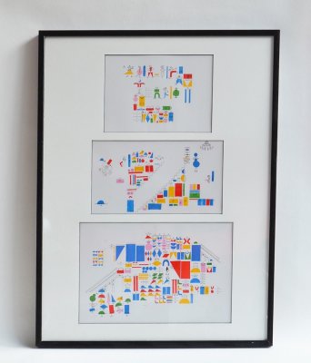 Les trois dessins finis au trait et à la couleur, constituant le Pop-up "Le grand magasin" - Il ne reste plus qu'à assembler!