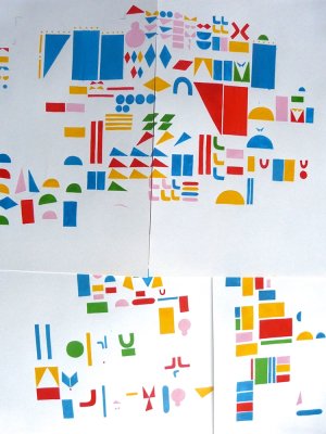 Réalisation des planches colorées à la gouache par Anouck - la deuxième étape pour l'ensemble des trois dessins constituant le Pop-up "Le grand magasin"