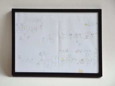Cadre présentant l'étape des crayonnés de l'illustration"Parc"