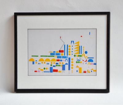 Un des trois dessins constituant le Pop-up "La ville"- Présentation sous cadre en bois noir et plexiglass.