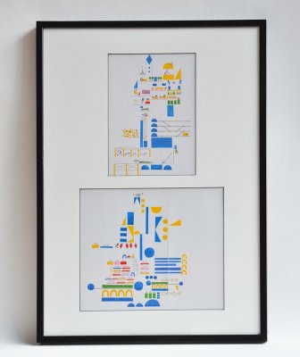 Les deux autres dessins constituant le Pop-up "La ville"- Présentation sous cadre en bois noir et plexiglass.