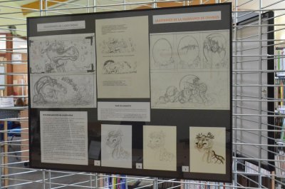 Présentation des travaux préparatoires de l'illustrateur sous 5 cadres différents
