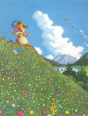 Illustration originale de l'illustrateur Philippe-Henri Turin: "Les fleurs, quelle horreur!" tirée de l'album "Charles à l'école des dragons" - Éditions Seuil Jeunesse
