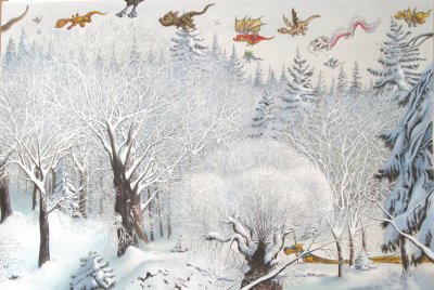 Illustration originale de l'illustrateur Philippe-Henri Turin: "Que de neige!" tirée de l'album "Charles à l'école des dragons" - Éditions Seuil Jeunesse