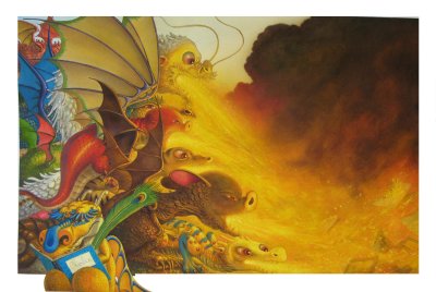 Illustration originale de l'illustrateur Philippe-Henri Turin: "Feu" tirée de l'album "Charles à l'école des dragons" - Éditions Seuil Jeunesse