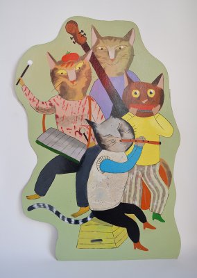 … ou bien de l'harmonica, de la flûte et du xylophone (69x107cm), ils sont facétieux ces matous ! À disposer sur les murs de l'espace d'exposition.
