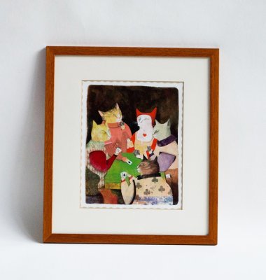 "Chats joueurs" - Un premier travail de fabrication de fonds à la peinture acrylique.