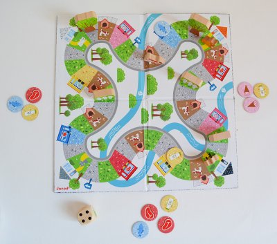 Beau jeu fait d'éléments en bois et carton, découpés et imprimés.