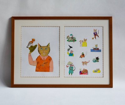 "Chat orange" et "Cabochons" - Illustrations originales encadrées de l'album "Chats rimés" - Vanessa Hié - Éditions Didier Jeunesse.
