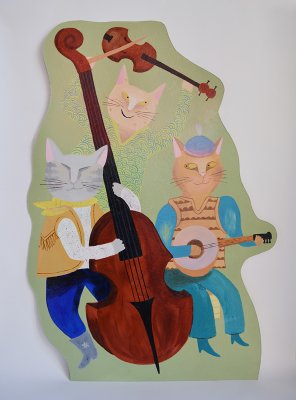 2Panneau-décors (79x113cm) de chats musiciens, peints à l'acrylique sur carton. Qu'ils jouent de la contrebasse, du violon, du banjo …
