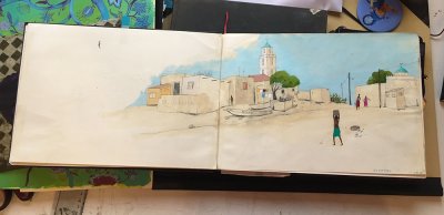 Dessin en couleur tiré d'un carnet de voyage de l'artiste