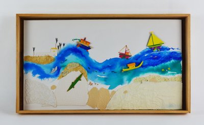 "Quatre bateaux sur l'eau" - Illustration originale en volume de Martine Bourre tirée de l'album "Bateau sur l'eau" publié aux éditions Didier Jeunesse