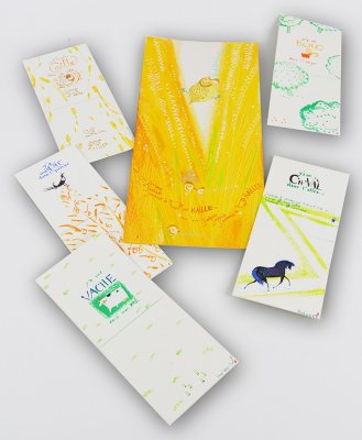 Essai d'illustration et pages de maquette des illustrations de l'album "Y'a une pie dans l'poirier" publié aux éditions Didier Jeunesse - à disposer sous vitrine pour sa présentation au public.