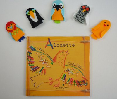 Série de marionnettes à doigts pour l'album "Alouette" pour mieux mimer les séquences de la comptine.