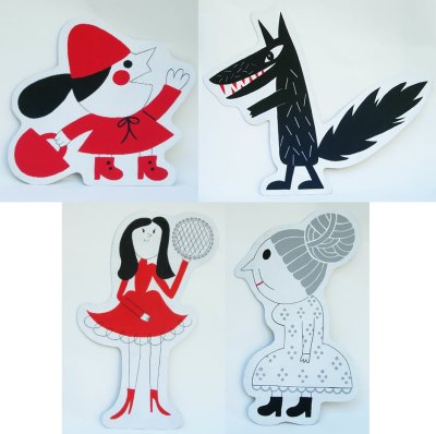 Quatre panneaux-décors en carton de grande dimension, représentant les personnages de l'histoire du Petit Chaperon rouge. Entre 55cm et 70cm de hauteur.