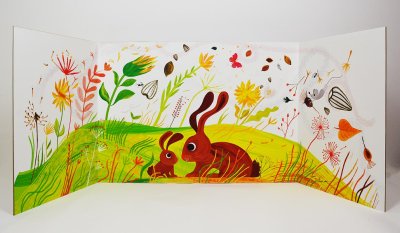 Quadriptyque "Famille de lièvres à l'automne" - Tirage décor ouvert de l'album "Petite graine" - Dimensions (Lxh) : 140x56cm