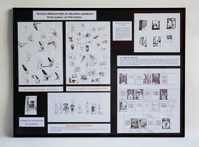 Cadre de présentation des travaux préparatoires de Sébastien Mourrain pour la réalisation des planches finales de l'album "Le petit bossu"