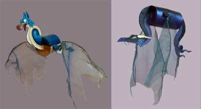 "Dragon bleu et dragon violet" - Création plastique en volume constituée de carton peint, de fil de fer, d'objets réemployés et de tissu translucide coloré.