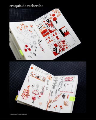 Cadre présentant les clichés photographiques du carnet de croquis d'Olivier Philipponneau.