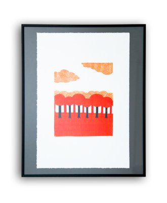 "Une forêt rouge" - Illustration d'Olivier Philipponneau tirée de l'album "L'oiseau à deux becs" publié par la maison d'édition MeMo.