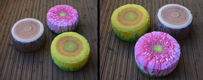 6 poufs avec décor végétal pour permettre aux visiteurs de lire la BD au sein de l'exposition.