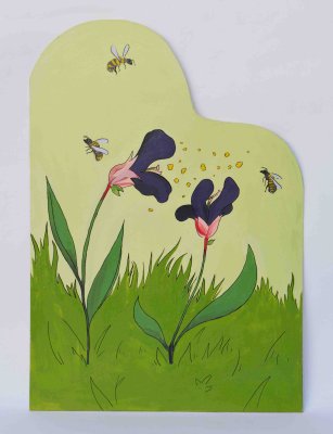 Abeilles en plein butinage - Décor mural en carton peint, à fixer le long des murs du lieu d'exposition.