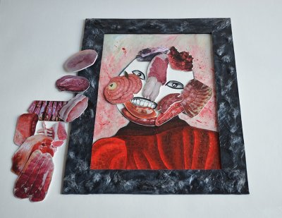 Portrait de l'ogre - jambon, rosbeef, saucisses et divers pièces de viande pour récréer le visage du personnage.