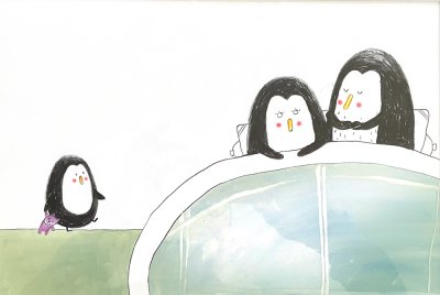 "Papa n'est pas d'accord" - Illustration originale d'&Eacute;mile Jadoul pour l'album "Pas question !" publi&eacute; aux &Eacute;ditions Pastel.