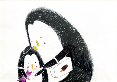 "Tu seras toujours mon premier petit pingouin" - Illustration d'&Eacute;mile Jadoul pour l'album "Gros boudeur" publi&eacute; aux &Eacute;ditions Pastel.