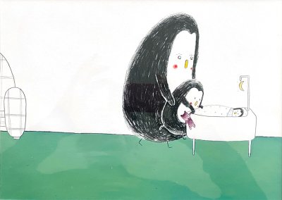 "&Ccedil;a y est ! Marcel est arriv&eacute;" - Illustration d'&Eacute;mile Jadoul pour l'album "Dans mes bras" publi&eacute; aux &Eacute;ditions Pastel.