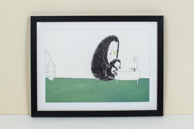 "Marcel se r&eacute;veille" - Illustration originale d'&Eacute;mile Jadoul tir&eacute; de l'album "Dans mes bras !" publi&eacute; aux &Eacute;ditions Pastel.